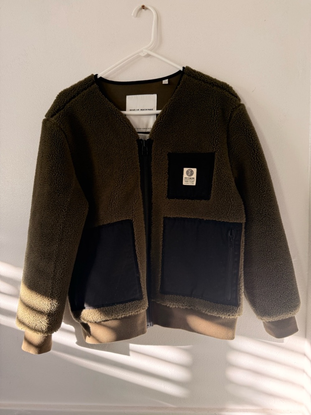 Olive Green Sherpa Jacket with Contrast Pockets